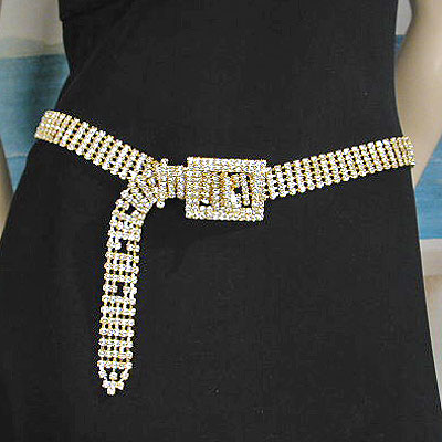 Five Line Crystal Rhinestone Belt with Rectangular Buckle, a fashion accessorie - Evening Elegance