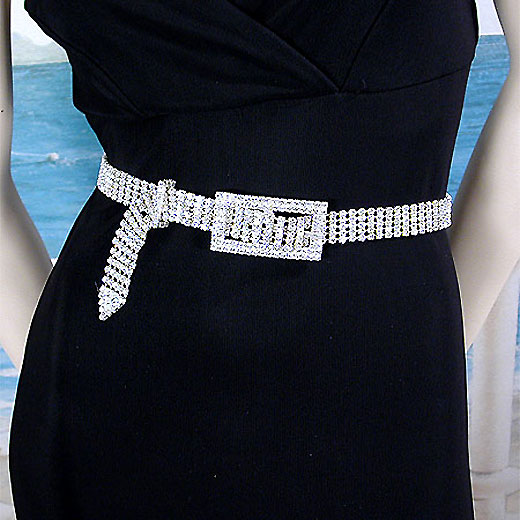 Five Line Crystal Rhinestone Belt with Rectangular Buckle, a fashion accessorie - Evening Elegance