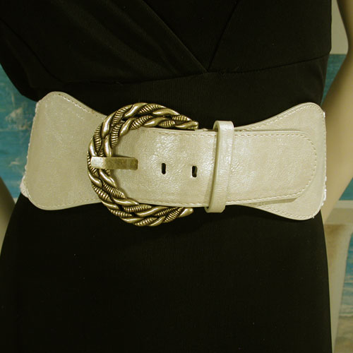 Wide Elastic and Faux Leather Belt With Gold Metal Buckle, a fashion accessorie - Evening Elegance