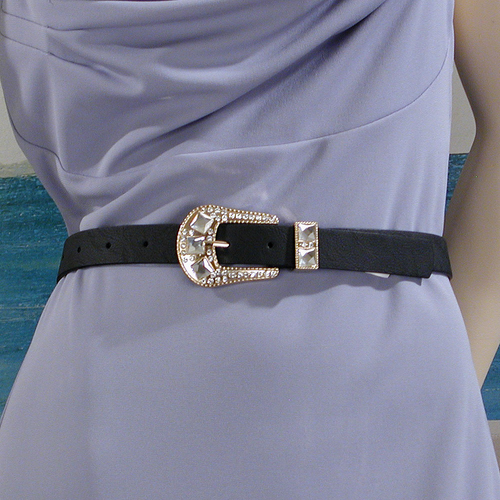 Faux Leather Western Belt with Crystal Rhinestone Buckle, a fashion accessorie - Evening Elegance