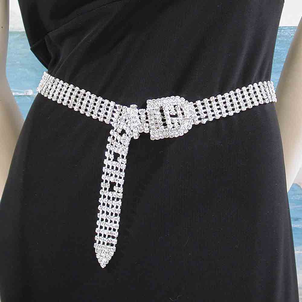 Five Line Crystal Rhinestone Belt with Half Round Buckle, a fashion accessorie - Evening Elegance