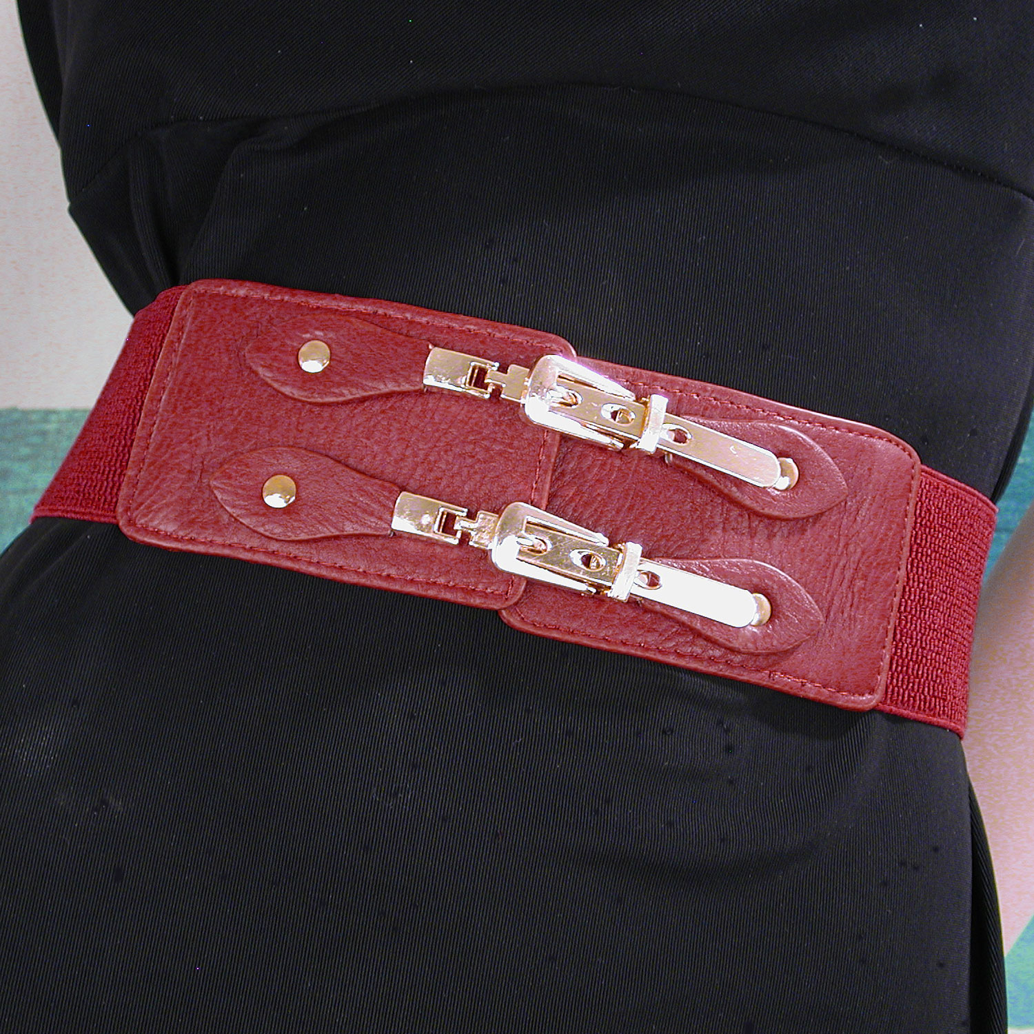 Wide Elastic Belt with Double Gold Buckles, a fashion accessorie - Evening Elegance