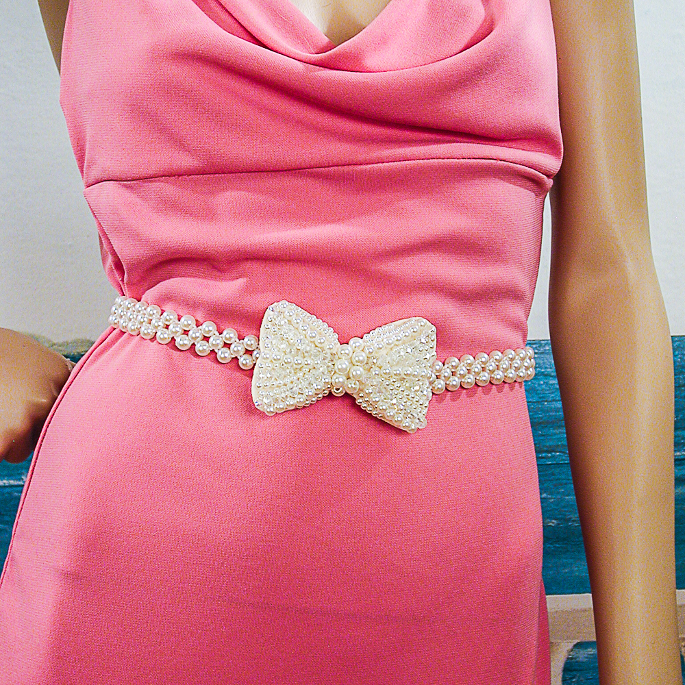 Pearl Belt with Three Rows and Bow Clasp, a fashion accessorie - Evening Elegance