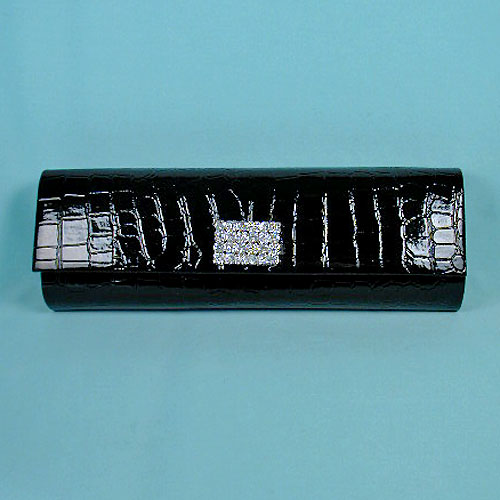 Long Faux Croc Clutch Evening Bag with Rhinestone Ornament, a fashion accessorie - Evening Elegance