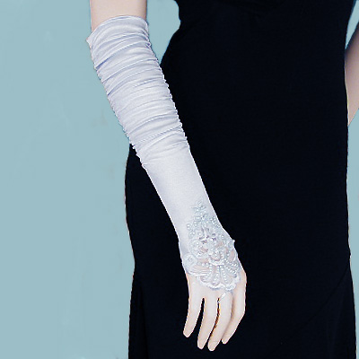 Embroidered Satin Fingerless Gloves, a fashion accessorie - Evening Elegance