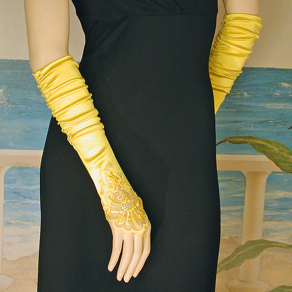 Embroidered Satin Fingerless Gloves, a fashion accessorie - Evening Elegance