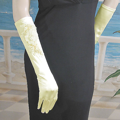 Long Satin Gloves with Appliqued Flowers, a fashion accessorie - Evening Elegance