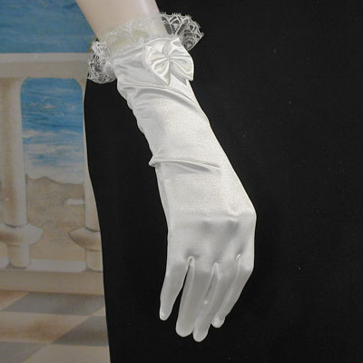 Lace Trimmed Satin Wrist Gloves  with Bow, a fashion accessorie - Evening Elegance