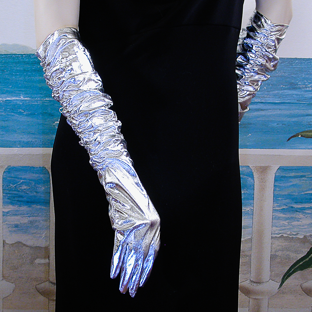 Shirred Elbow Length Metallic Gloves, a fashion accessorie - Evening Elegance
