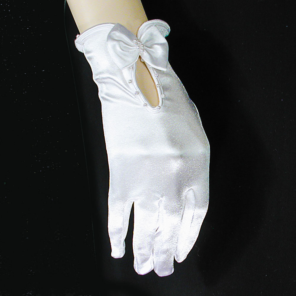 Wrist Length Satin Beaded Gloves with Keyhold and Bow, a fashion accessorie - Evening Elegance