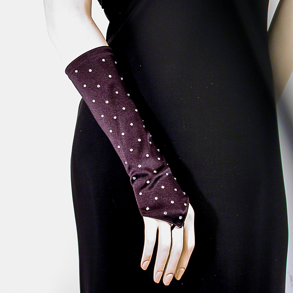 Rhinestone Studded Long Fingerless Satin Stretch Gloves, a fashion accessorie - Evening Elegance