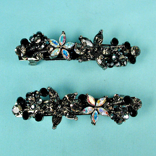 Two Stars and Flowers Rhinestone Barrette, a fashion accessorie - Evening Elegance