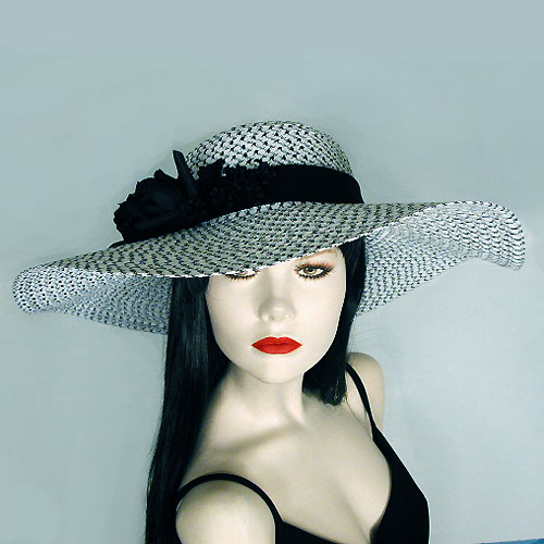 Wide Brim Sun Hat with Black Flower Decoration, a fashion accessorie - Evening Elegance