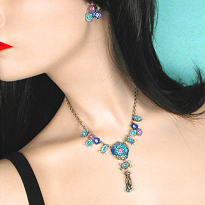 Antique look rhinestone and enamel necklace and earring set, a fashion accessorie - Evening Elegance