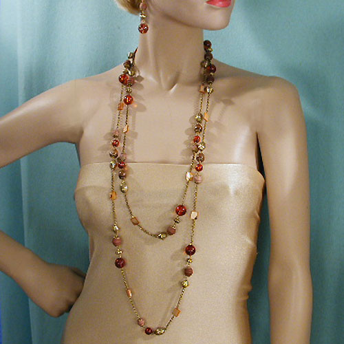 Long Multi Shapped Beads and Earrings Set, a fashion accessorie - Evening Elegance
