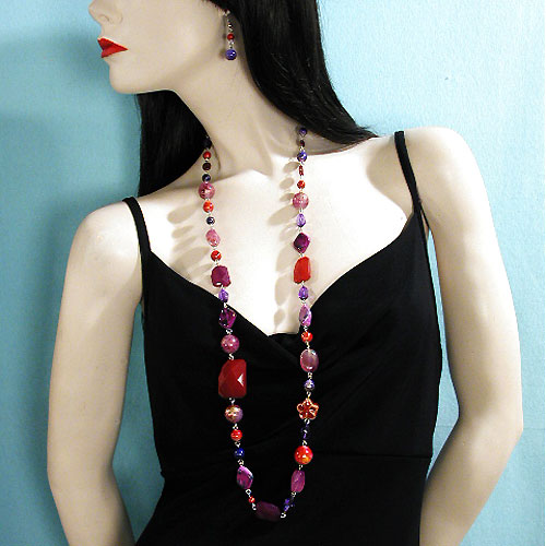 Long Multicolored Beads and Earrings Set, a fashion accessorie - Evening Elegance