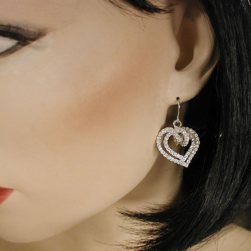 Rhinestone Heart Earring with Two Rows of Stones, a fashion accessorie - Evening Elegance