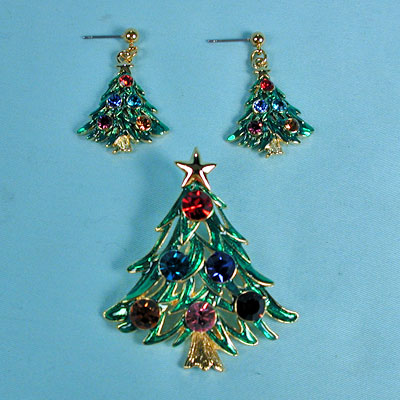 Christmas Tree Pin and Earrings Set, a fashion accessorie - Evening Elegance