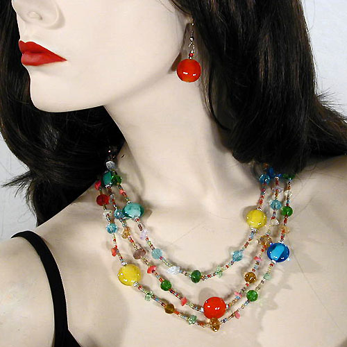 Multicolored Three Strand Necklace and Earrings Set, a fashion accessorie - Evening Elegance