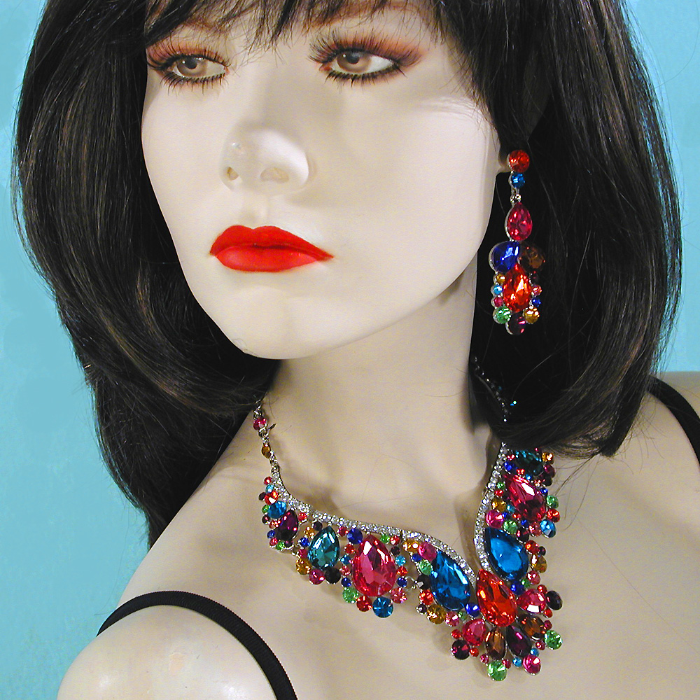 Multicolored Large Stone Necklace and Earring Set, a fashion accessories - Evening Elegance