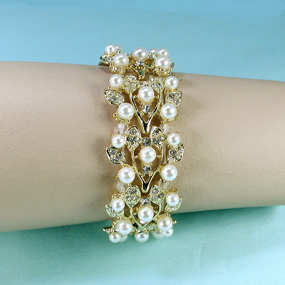 Openwork Pearl, Rhinestone and Metal Stretch Bracelet, a fashion accessorie - Evening Elegance