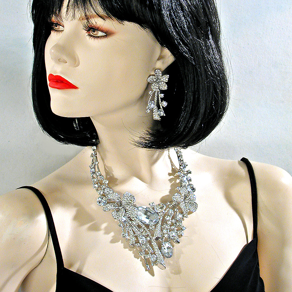 Chunky Clear and Silver Bib Necklace and Earrings Set, a fashion accessorie - Evening Elegance