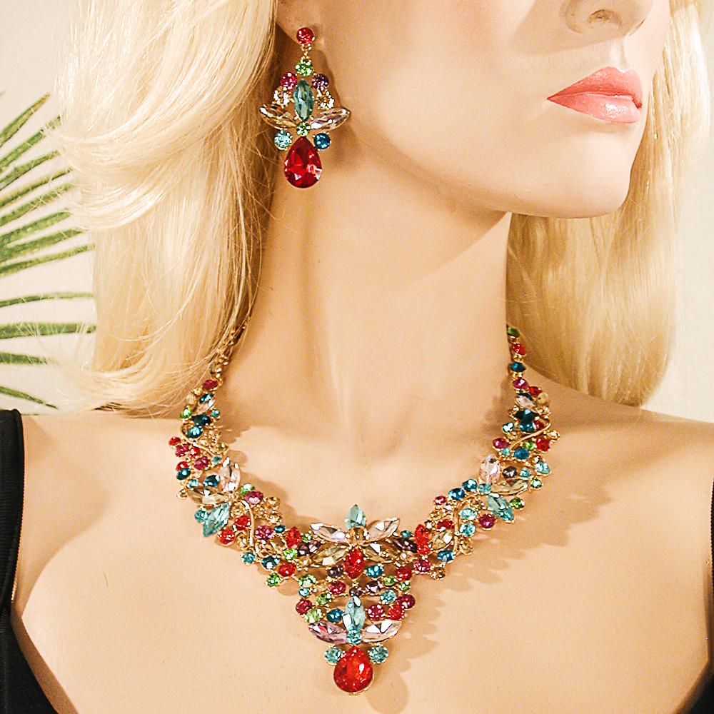 Brilliant Red Crystal Rhinestone Bib Necklace Earring Set, a fashion accessorie - Evening Elegance