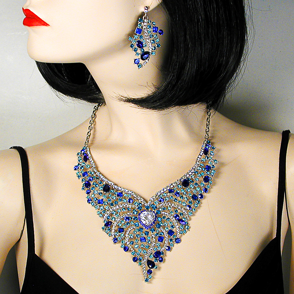 Exquisite Blue Crystal Rhinestone Bib Necklace Earrings Set, a fashion accessorie - Evening Elegance