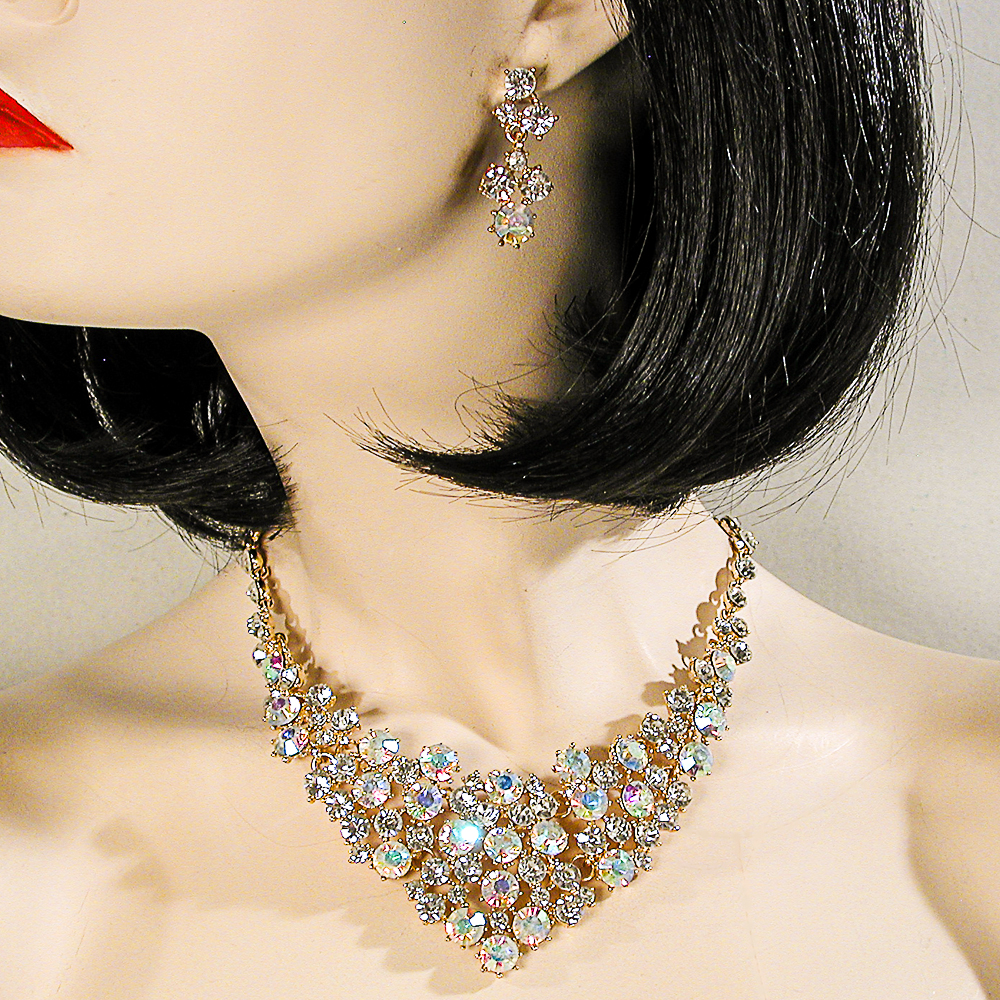 Glitzy Cluster Bib Necklace and Earrings Set, a fashion accessorie - Evening Elegance