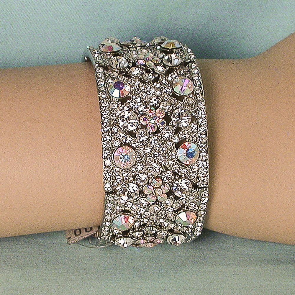 Sparkling Wide Aurora Borealis Hinged Statement Bracelet, a fashion accessorie - Evening Elegance