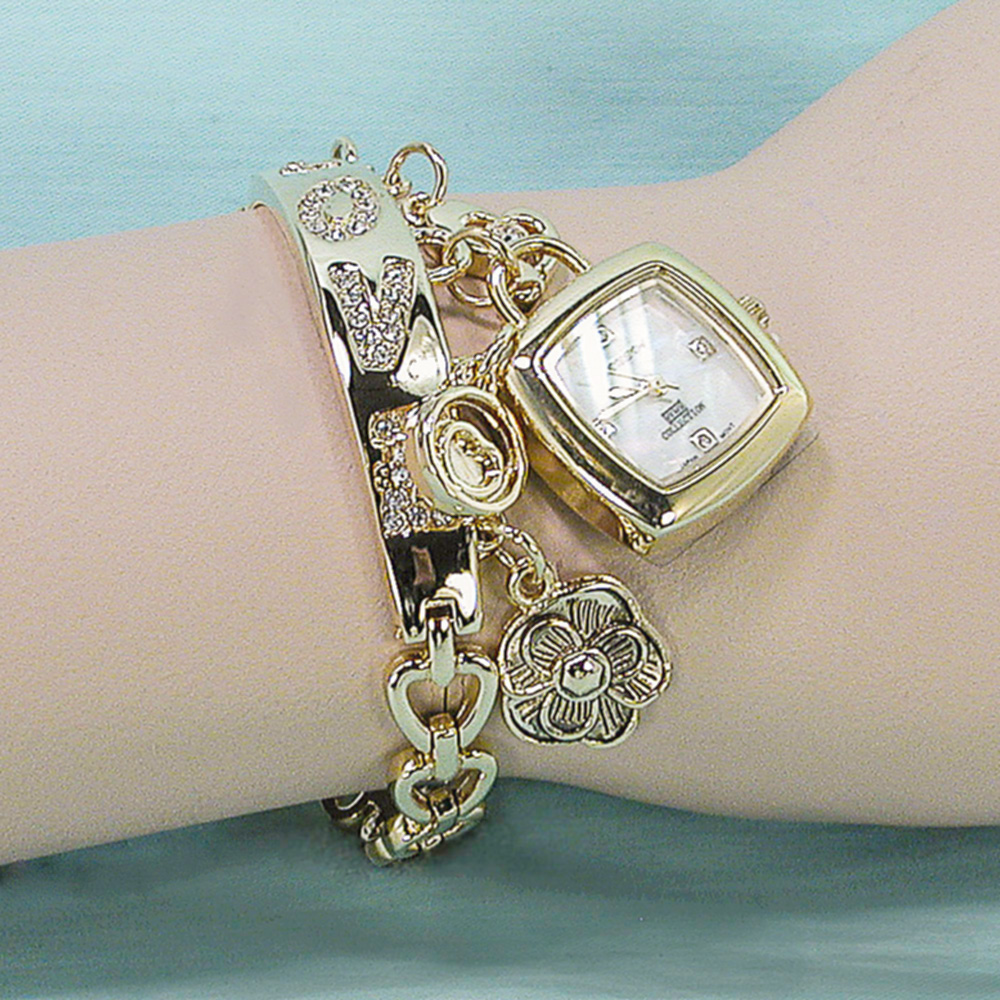 Heart Charm Bracelet Watch with Rhinestone Accents, a fashion accessorie - Evening Elegance