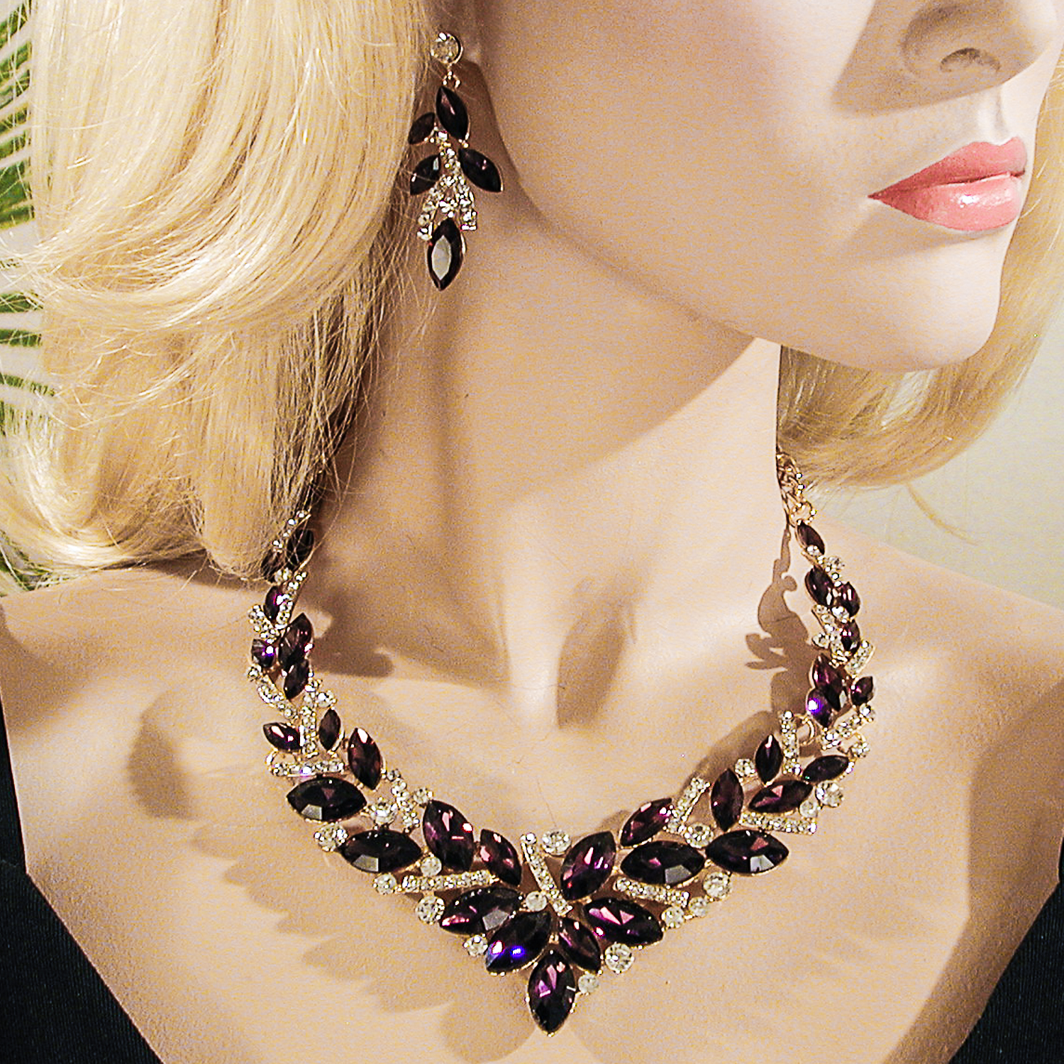 Large Rhinestone Starburst Bib Necklace Earrings Set , a fashion accessorie - Evening Elegance