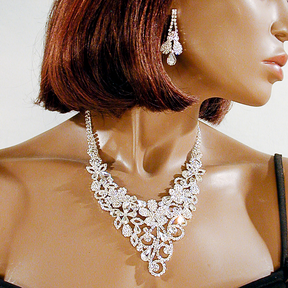 Large Crystal Rhinestone Bib Statement Necklace and Earrings Set, a fashion accessorie - Evening Elegance