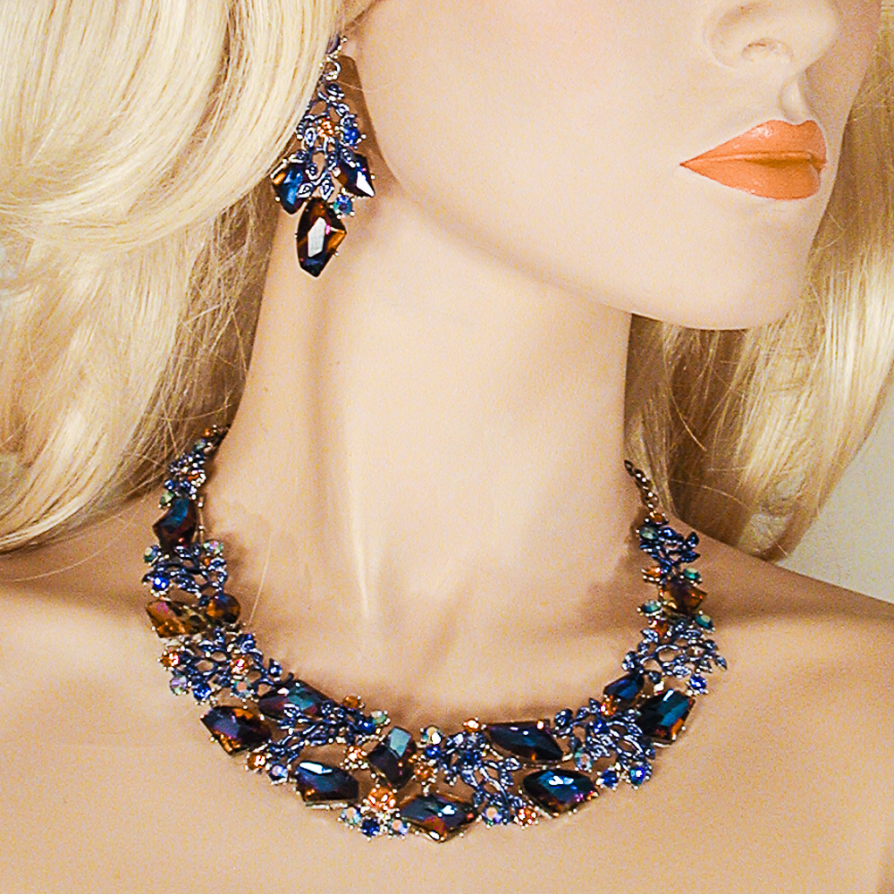 Large Crystal Rhinestone Statement Bib Choker Necklace Earrings Set - J553, a fashion accessorie - Evening Elegance
