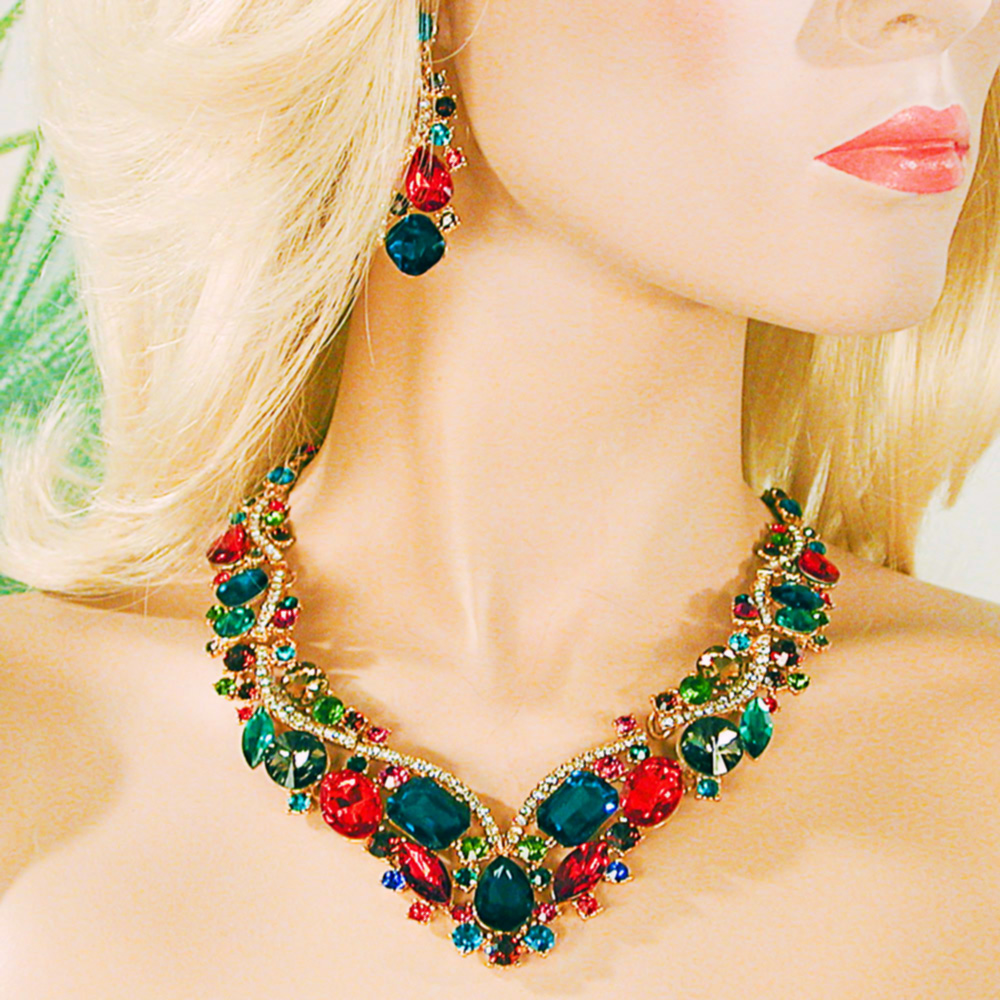 Large Crystal Rhinestone Statement Bib Necklace Solid/Multi Colors, a fashion accessorie - Evening Elegance