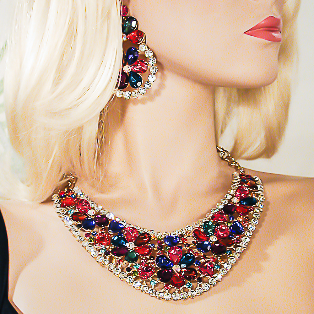 Large Multi Colored Statement Bib Necklace Earrings, a fashion accessorie - Evening Elegance