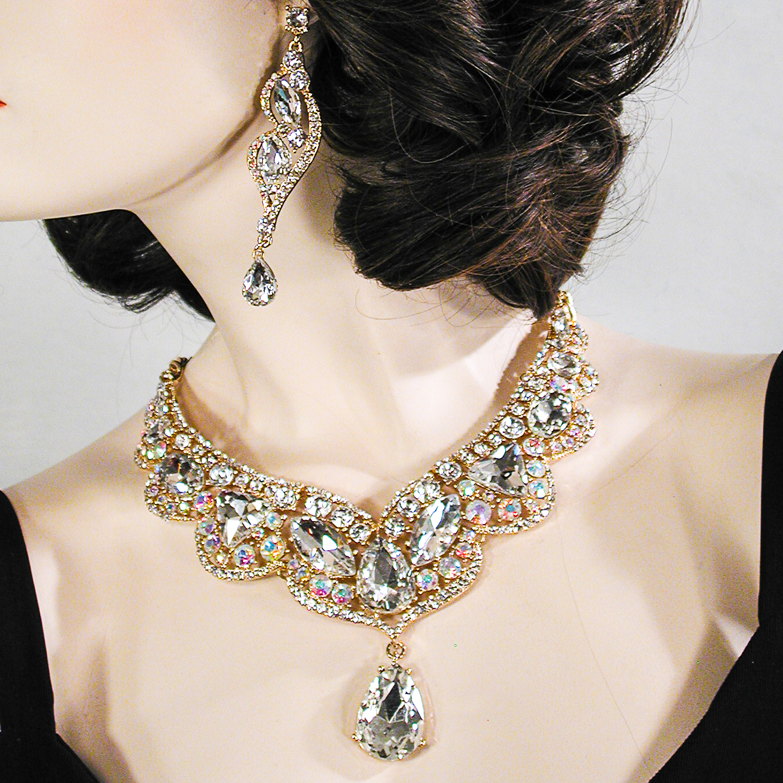 Sensational Extra  Large Crytal Rhinestone Bib Necklace & Earrings Set, a fashion accessorie - Evening Elegance