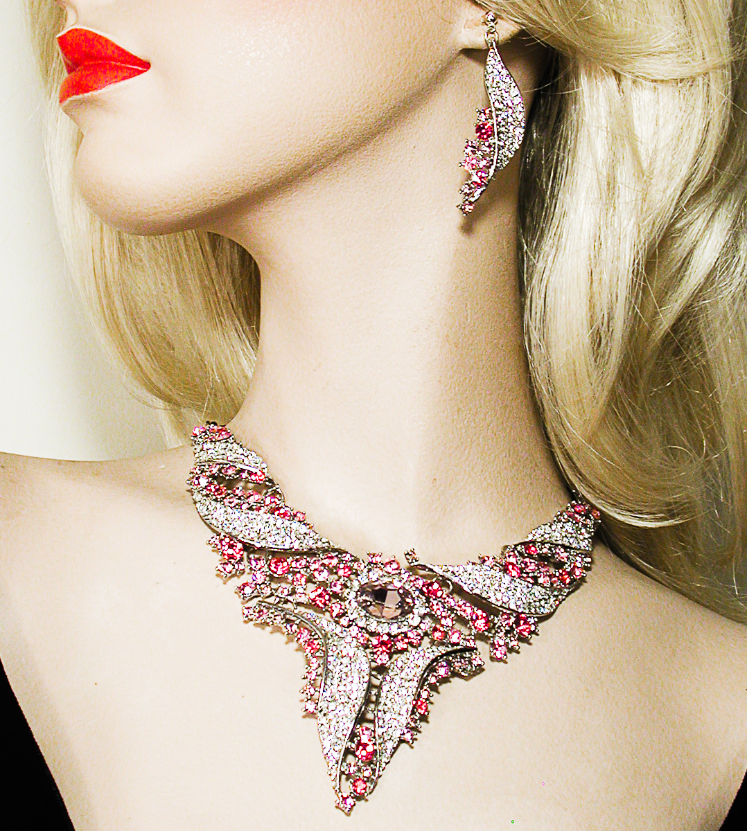 Pink and Clear  Extra Large Statement Crystal Rhinestone Pointed Bib Necklace Earrings Set&squot;, a fashion accessorie - Evening Elegance