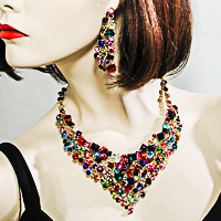 Extra Large Statement Crystal Rhinestone Princess Bib Necklace Earrings Set