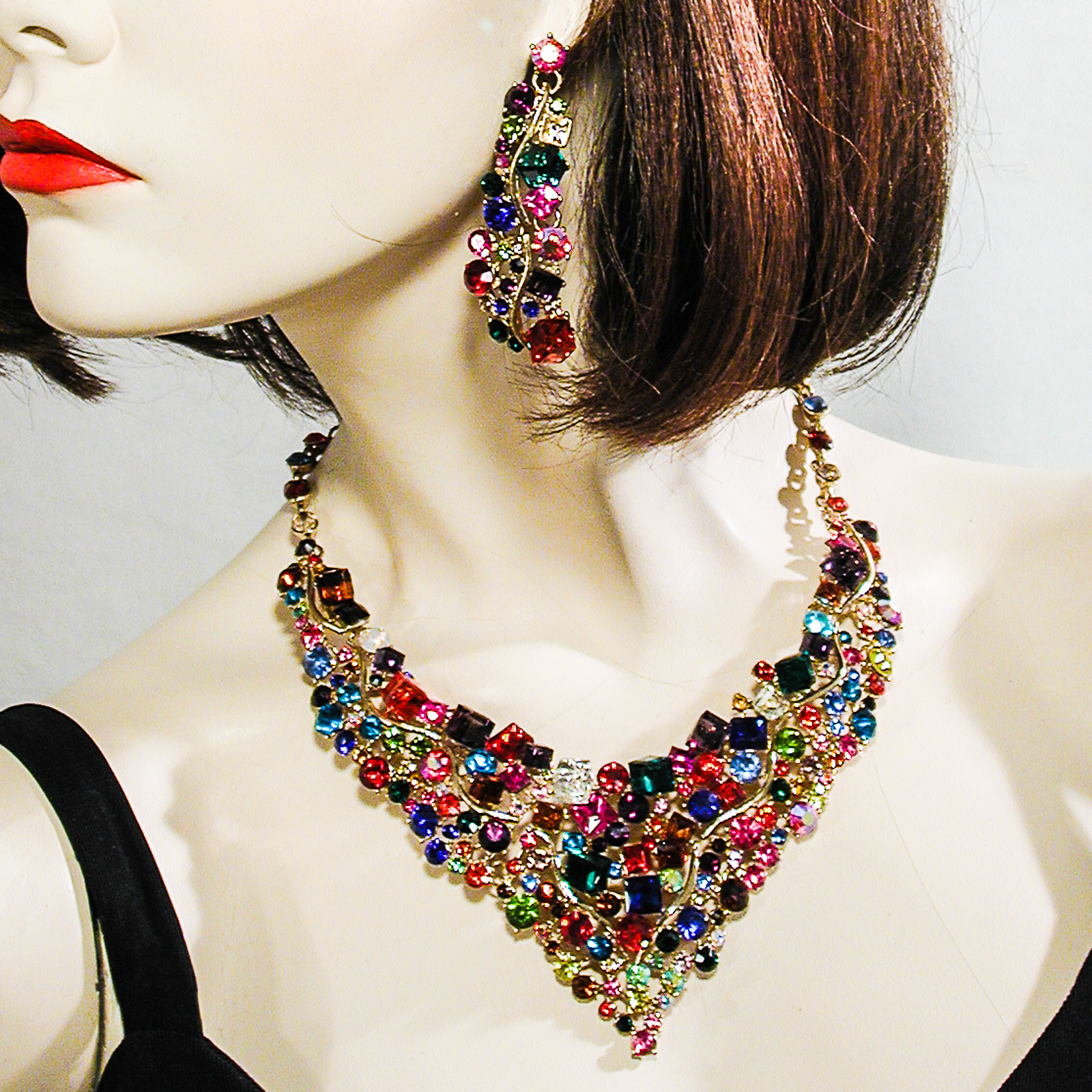 Extra Large Statement Crystal Rhinestone Princess Bib Necklace Earrings Set, a fashion accessorie - Evening Elegance