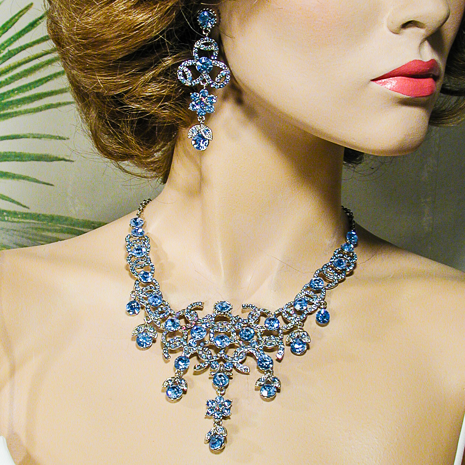 Large Statement Crystal Rhinestone Fringe Bib Necklace Earrings Set, a fashion accessorie - Evening Elegance