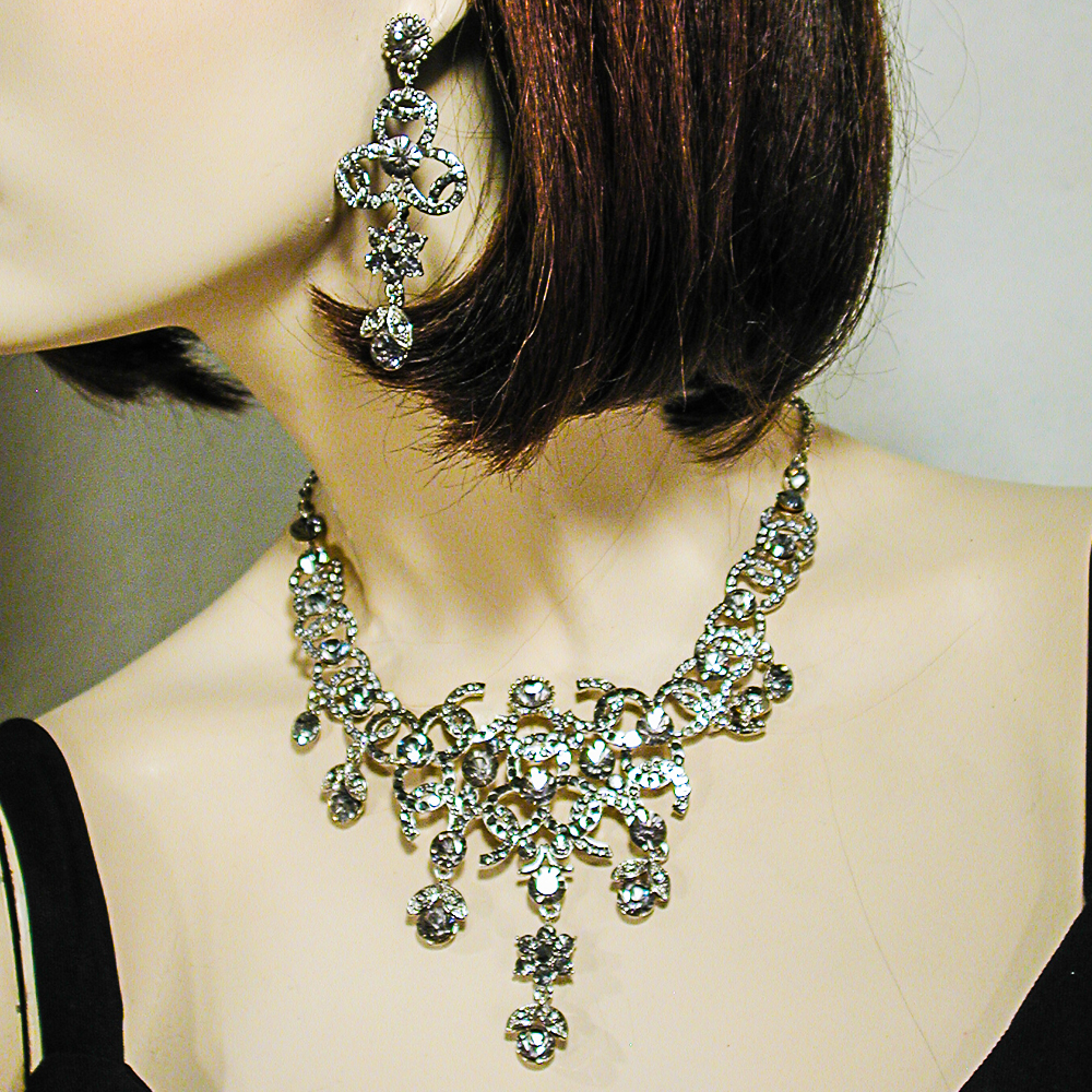 Large Statement Crystal Rhinestone Fringe Bib Necklace Earrings Set, a fashion accessorie - Evening Elegance