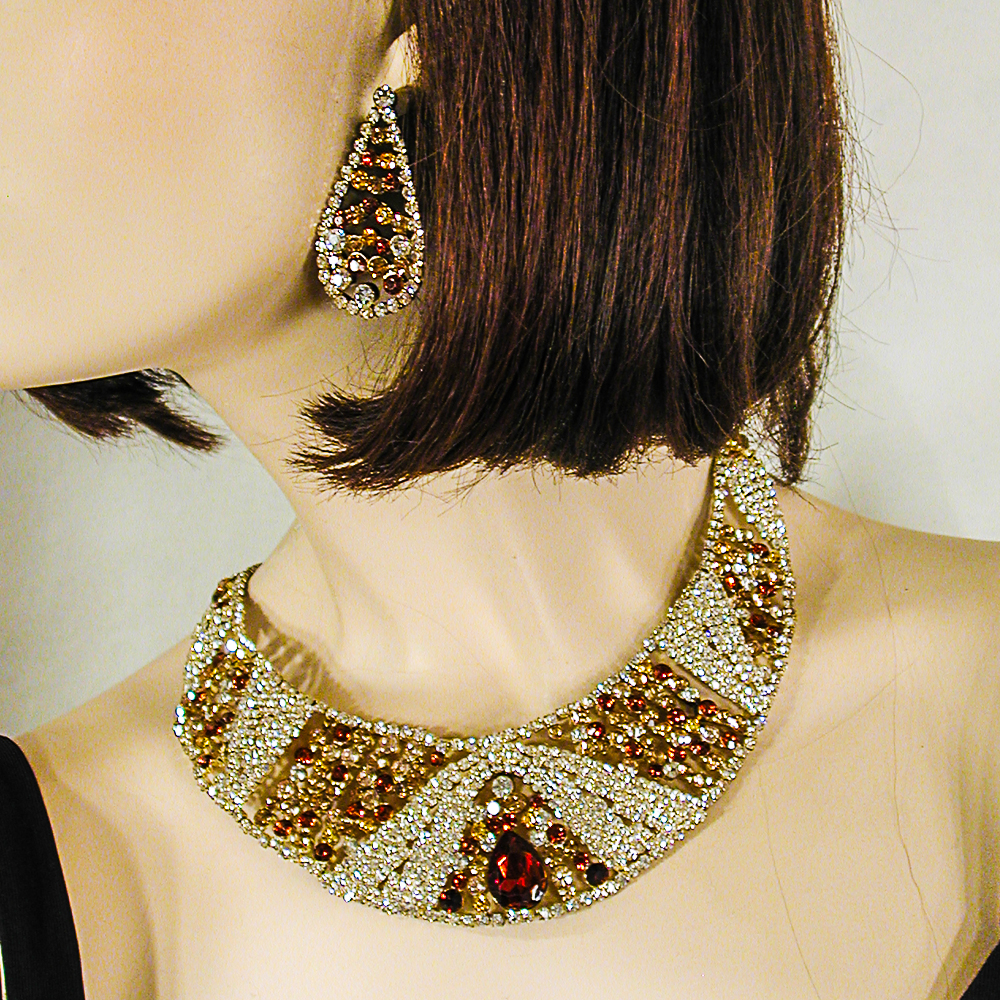 Large Statement Circular  Crystal Rhinestone  Bib Necklace Earrings Set, a fashion accessorie - Evening Elegance