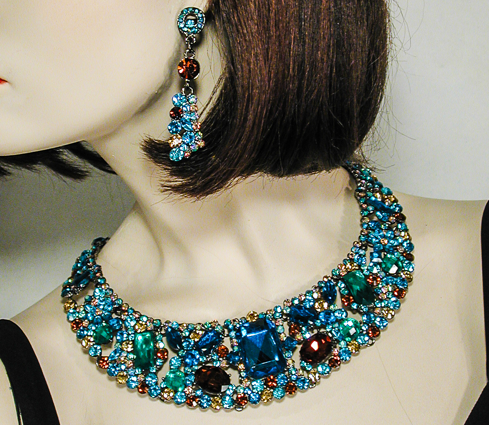 Large Stone Statement Crystal Rhinestone Bib Necklace Earrings Set, a fashion accessorie - Evening Elegance