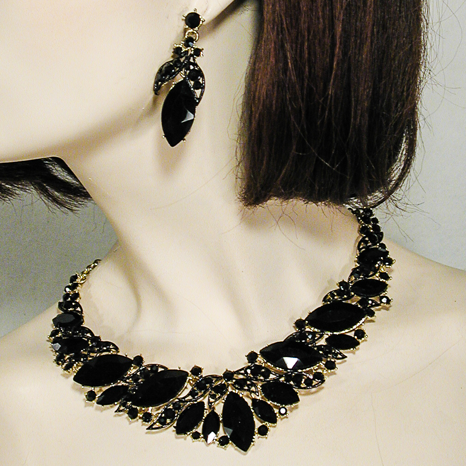 Bib Necklace and Earring Set with Filigree and Large Marquise Rhinestones, a fashion accessorie - Evening Elegance