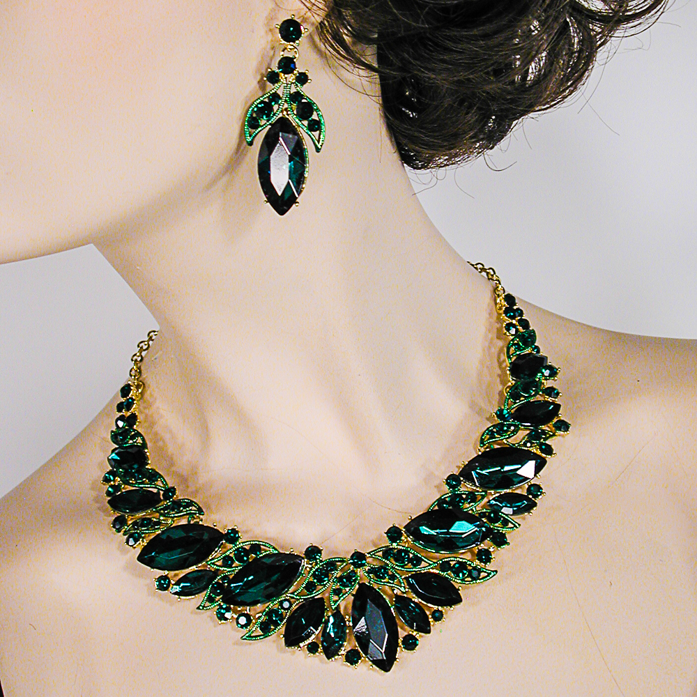 Bib Necklace and Earring Set with Filigree and Large Marquise Rhinestones, a fashion accessorie - Evening Elegance