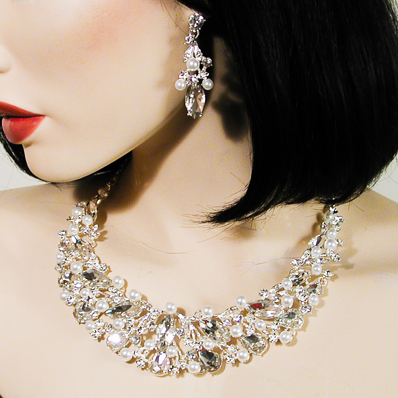 Large Statement Pearl and Rhinestone Bib Necklace Earrings Set, a fashion accessorie - Evening Elegance