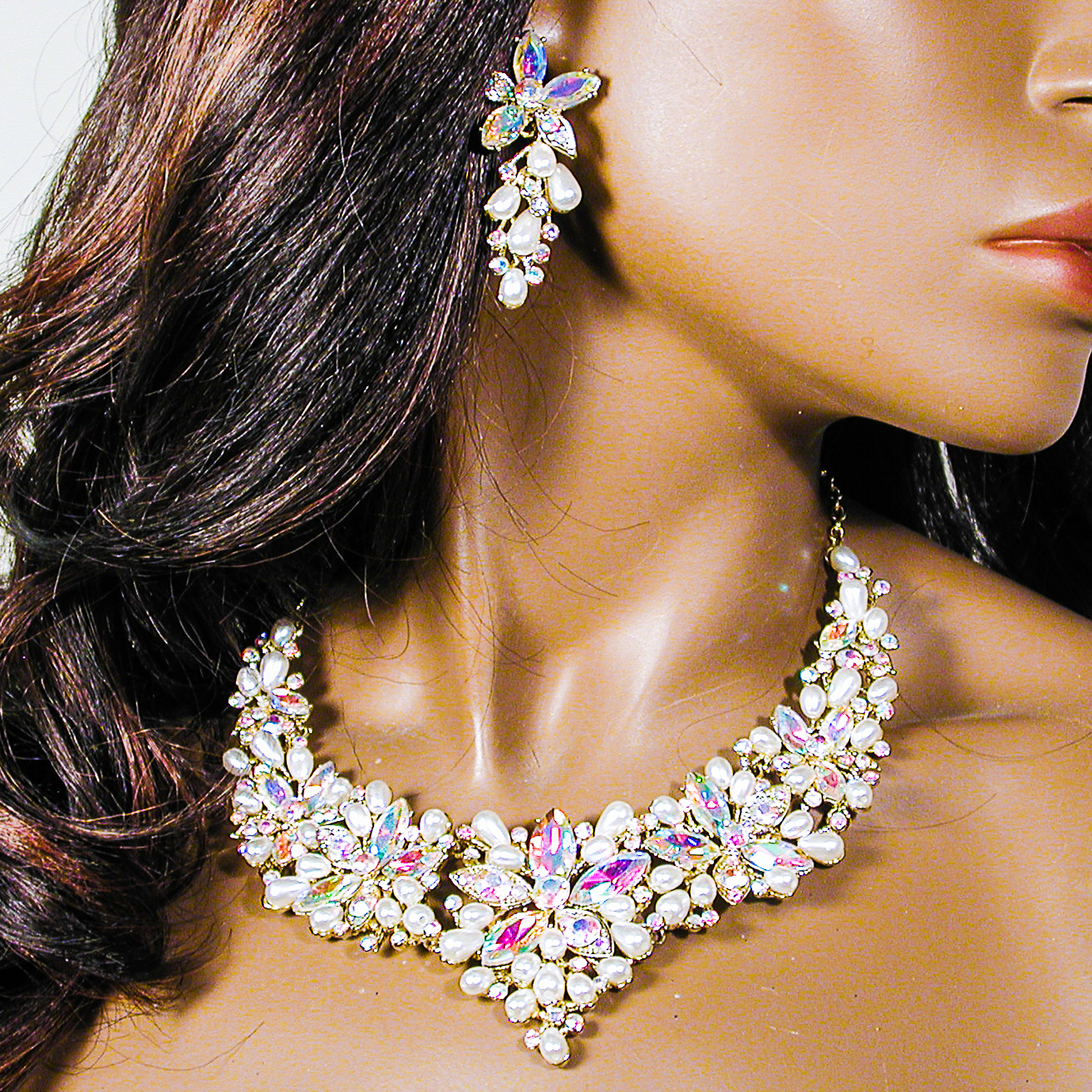 Large Statement Pearl Crystal Rhinestone Bib Necklace & Earring Set, a fashion accessorie - Evening Elegance