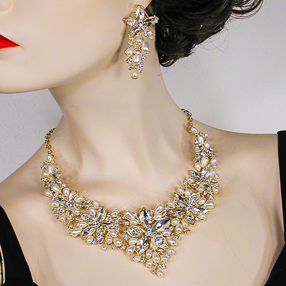 Large Statement Pearl Crystal Rhinestone Bib Necklace & Earring Set, a fashion accessorie - Evening Elegance