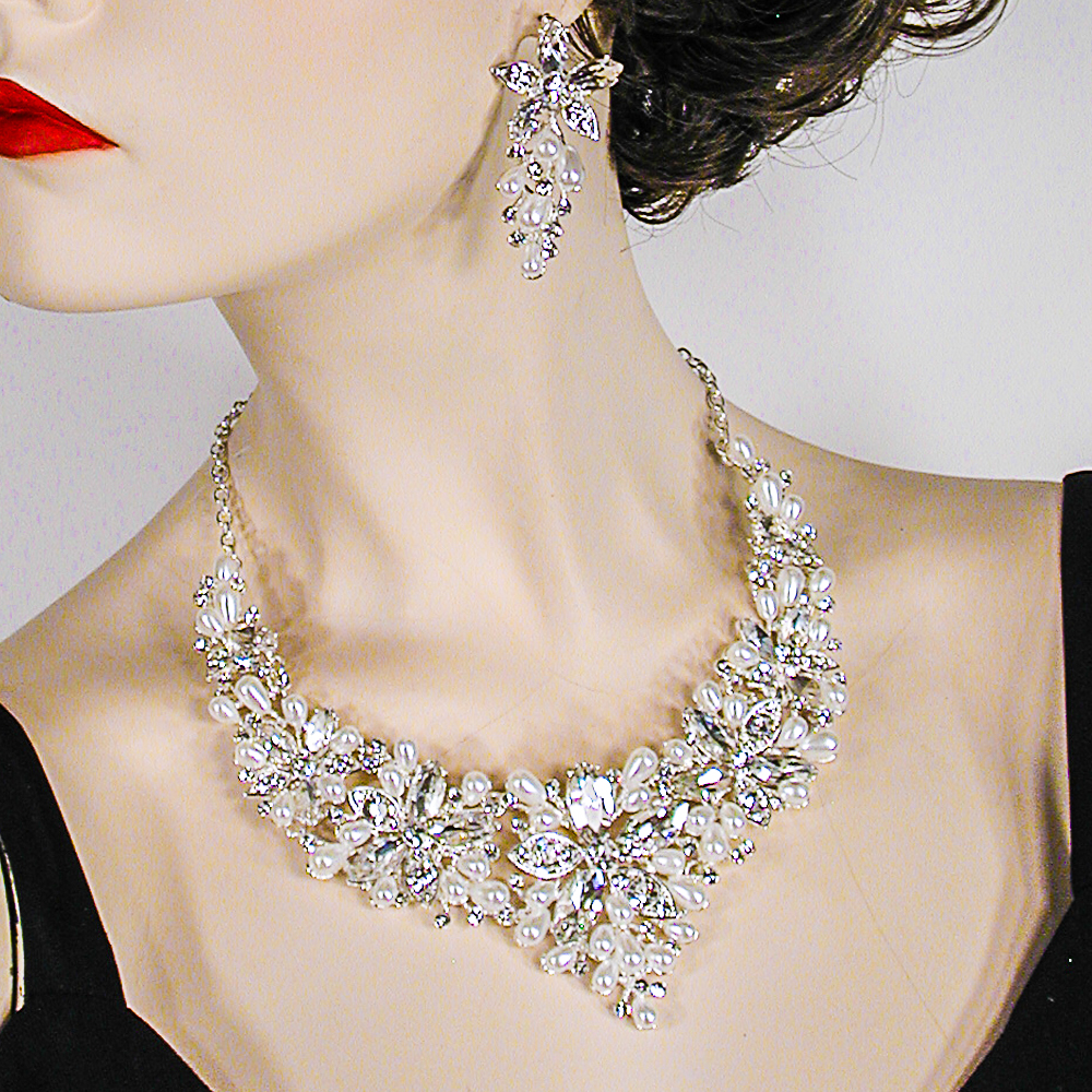 Large Statement Pearl Crystal Rhinestone Bib Necklace & Earring Set, a fashion accessorie - Evening Elegance